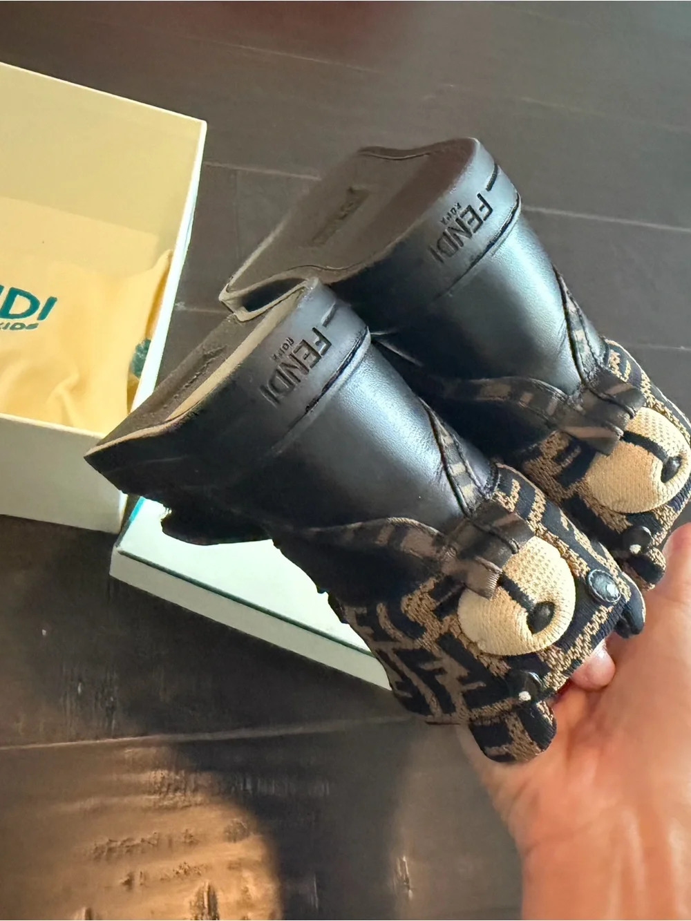 Fendi Kids Black and Brown Bear-Detail High-Top Boots